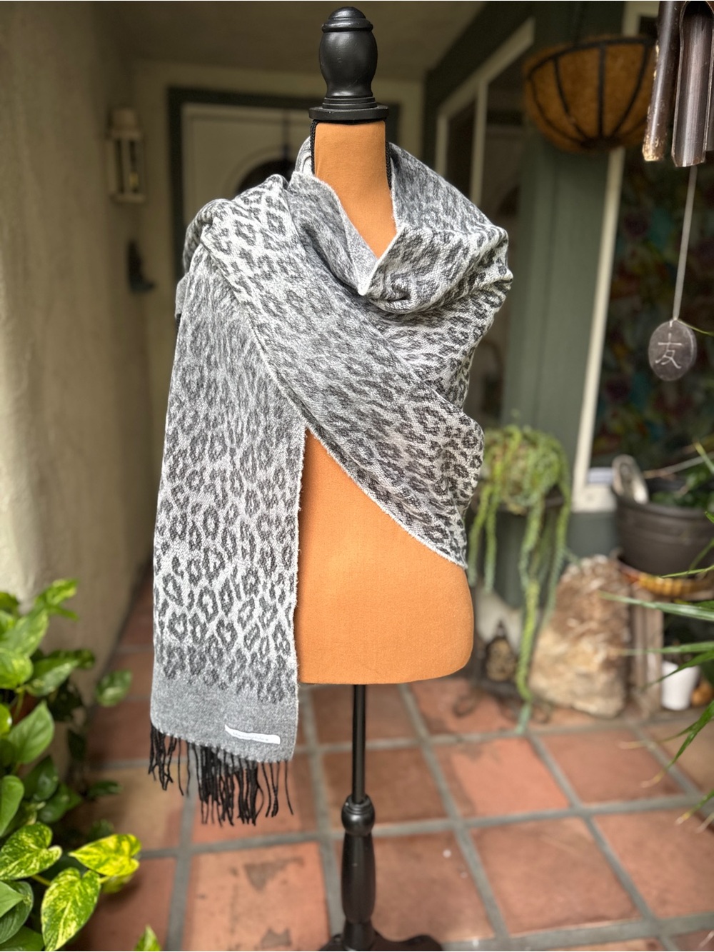 Bloomingdale's Gray Leopard Print Fringe Scarf